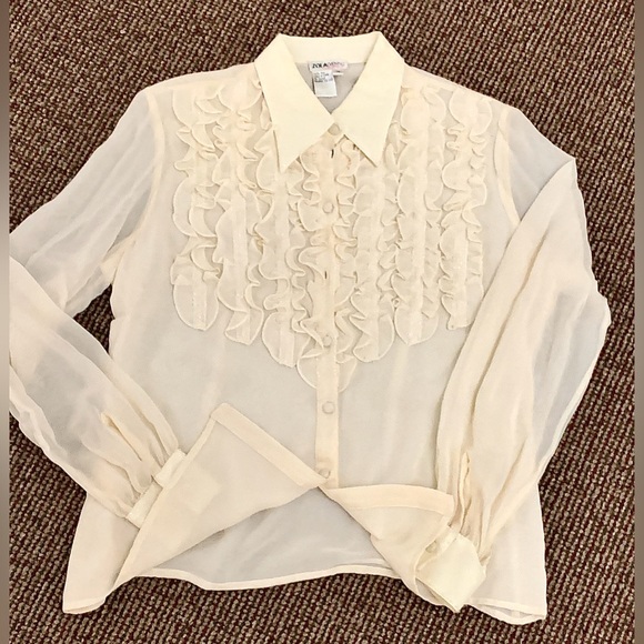 Women's 10 Vtg Ivory Cream 100% Silk Ruffled Bib Zola Evening Top Shirt Blouse - Picture 1 of 16